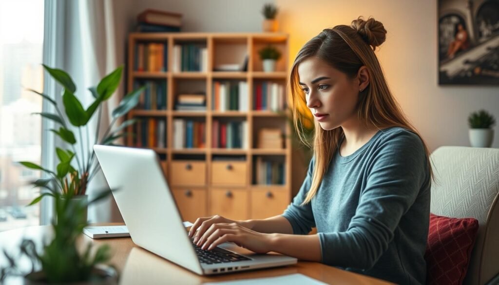 A cozy home office setting with a young, focused woman working intently on a laptop. Soft, warm lighting illuminates the space, creating a welcoming atmosphere. In the foreground, her hands gracefully navigate the keyboard, while her gaze is fixed on the screen, deep in thought. The background features shelves lined with books, a plant, and a window offering a glimpse of a vibrant cityscape outside. The overall scene conveys a sense of productivity, guidance, and a personalized approach to academic mentorship.