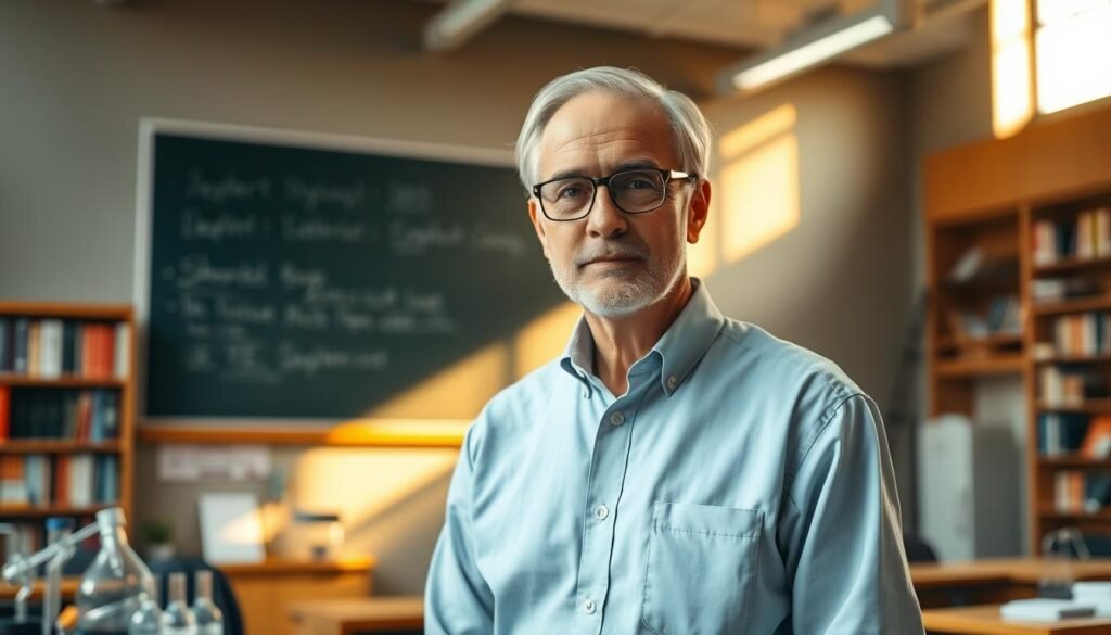 A distinguished professor standing in a well-lit university lecture hall, dressed in a crisp button-down shirt and slacks. Warm light cascades through the windows, illuminating the chalkboard behind them. The professor's gaze is authoritative yet approachable, conveying years of experience and expertise. The background is filled with bookshelves, scientific equipment, and other academic accoutrements, creating an atmosphere of intellectual rigor and scholarly pursuit. The scene exudes a sense of professionalism, knowledge, and a dedication to imparting wisdom to the next generation of students.