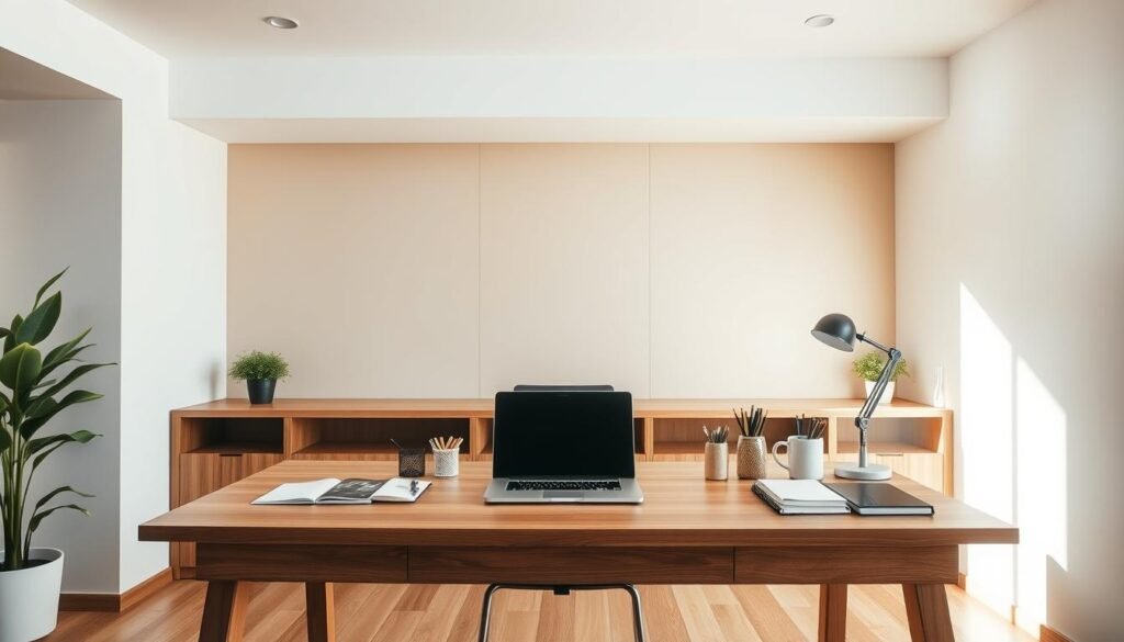 A modern, minimalist interior with a wooden desk, a laptop, and various office supplies neatly arranged. The desk is positioned in front of a large window, allowing natural light to flood the space. The background features a sleek, neutral-toned wall, creating a sense of elegance and professionalism. The lighting is soft and diffused, adding a warm, inviting atmosphere. The overall composition conveys a sense of productivity and attention to detail, reflecting the high-quality services mentioned in the article section.