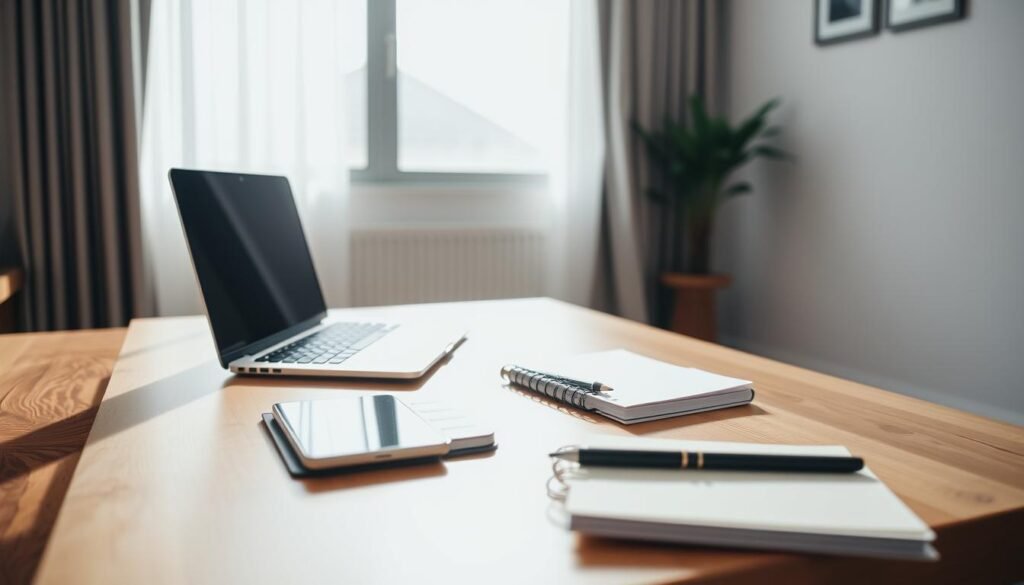 A well-lit, modern home office setup with a laptop, smartphone, and planner on a minimalist wooden desk. A large window in the background casts natural light, illuminating the flexible, personalized work environment. The space exudes a sense of productivity and work-life balance, reflecting the "Penjadwalan Fleksibel: Online-Offline dan Guru ke Rumah" concept. The framing and composition create a warm, inviting atmosphere for remote and in-person educational services.