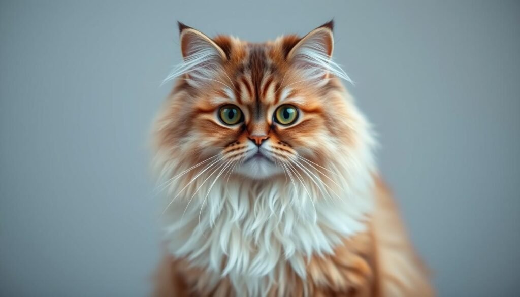 A beautifully lit studio shot of a fluffy Persian cat, photographed with a professional portrait lens at a flattering angle. The cat is groomed to perfection, its fur shimmering under the soft, even lighting. The background is a simple, neutral-toned seamless, allowing the cat's features and expression to be the central focus. The depth of field is shallow, creating a sense of intimacy and drawing the viewer's attention to the cat's captivating eyes. The overall mood is one of tranquility and elegance, perfectly showcasing the cat's natural beauty and charm.