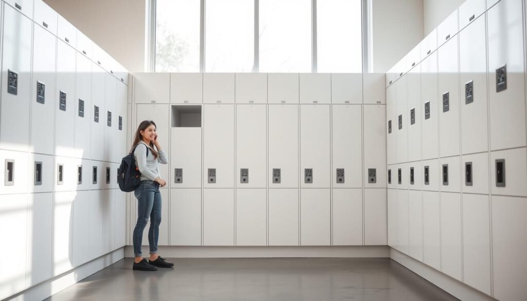 A bright, airy campus locker room with sleek, minimalist lockers arranged in neat rows. A lone student stands before an open locker, her expression one of ease and satisfaction as she retrieves her belongings. The lockers are equipped with QR code panels, enabling a streamlined, self-service access experience. Soft, natural lighting filters in from large windows, creating a welcoming, inviting atmosphere. The floor is polished concrete, adding to the modern, efficient aesthetic. The overall scene conveys a sense of simplicity, convenience, and freedom from the hassle of traditional storage solutions.