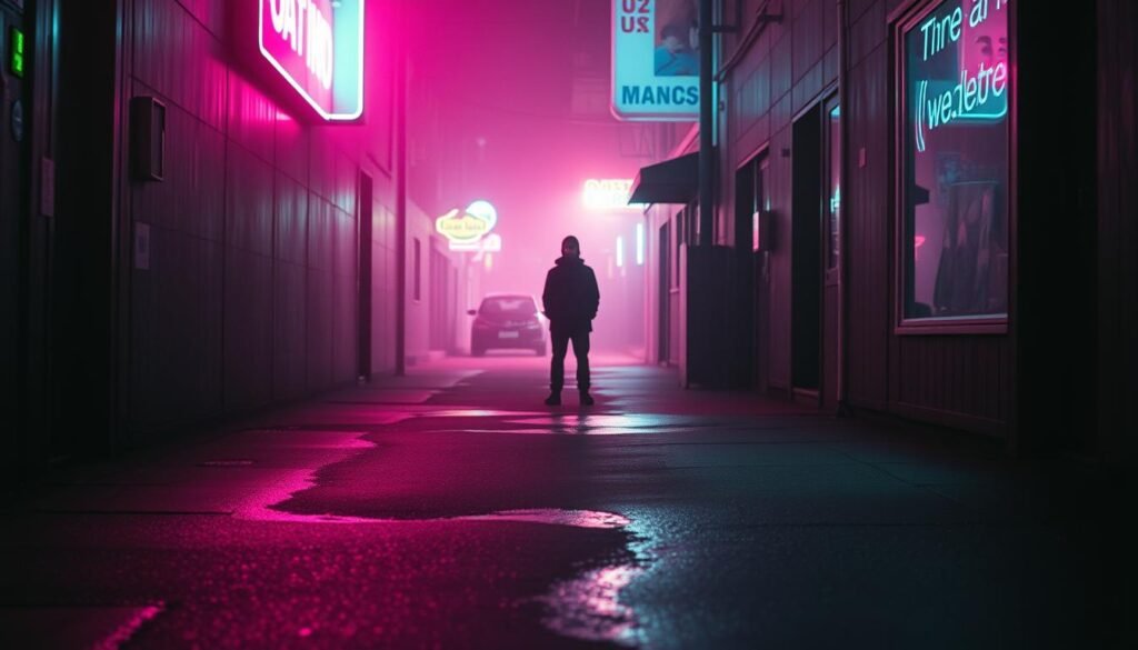 A dimly lit alleyway, cast in a hazy neon glow. Puddles reflect the vibrant colors of the surrounding signage - pinks, greens, and blues that dance across the wet pavement. Shadows stretch and morph, creating an atmosphere of mystery and intrigue. A lone figure stands in the distance, their face obscured, capturing the essence of the "Back-Alley Aesthetic" - moody, atmospheric, and subtly cinematic. The image is captured through a vintage, film-like lens, adding a sense of depth and texture to the scene. The overall mood is contemplative, evocative, and immersive, perfectly encapsulating the "Mood, Lighting, and Color Grading" section of the article.