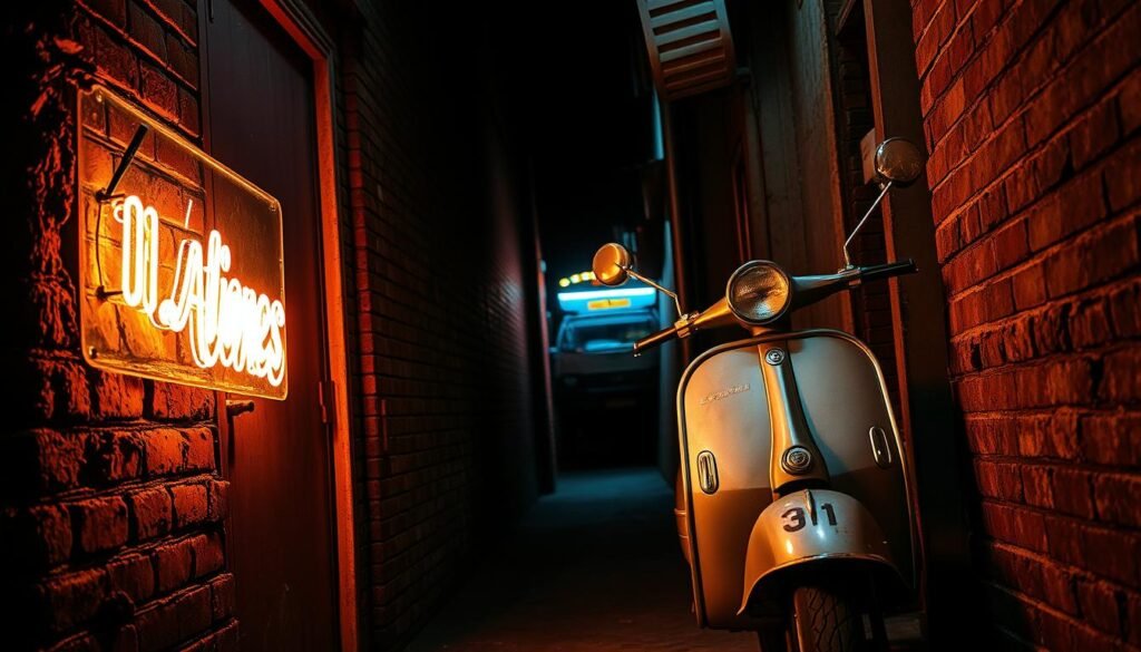 A dimly lit back alley, with a crumbling brick wall and a rusted metal door in the foreground. The light from a flickering neon sign casts a warm, gritty glow, illuminating the weathered surface of the wall. In the middle ground, a vintage-inspired scooter is parked, its chrome fittings and peeling paint reflecting the neon light. The background is shrouded in shadows, hinting at the urban landscape beyond. The scene conveys a sense of nostalgia and a gritty, grunge-like aesthetic, evoking the feeling of a forgotten corner of the city.