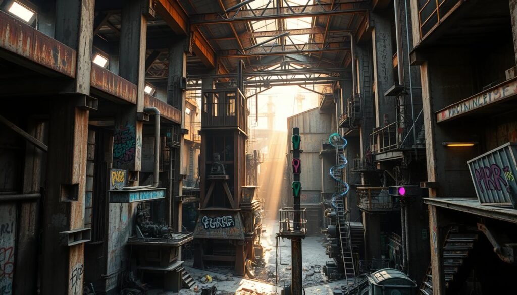 A gritty, urban industrial landscape transformed into a whimsical playground. Rusted steel beams and weathered concrete foundations form a labyrinth of towering structures, their surfaces adorned with vibrant graffiti and neon accents. Repurposed machinery and salvaged materials create a mosaic of interactive art installations, inviting exploration and play. Shafts of warm, golden light filter through the gaps, casting dramatic shadows and highlighting the textures of the environment. A sense of discovery and wonder pervades the scene, as if this forgotten corner of the city has been reclaimed and reimagined as a hub for creative expression and communal engagement.