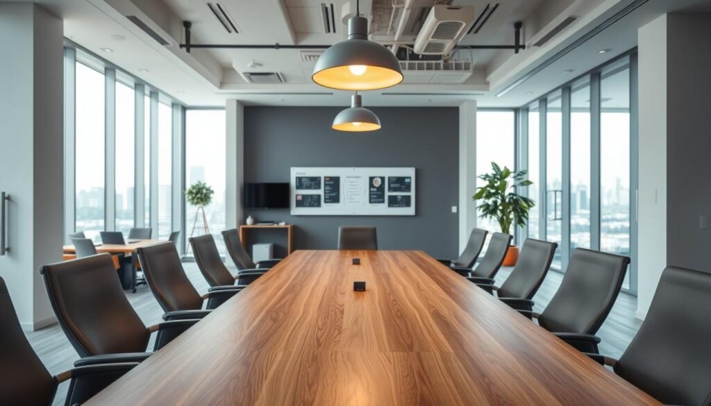 A modern, minimalist office setting with an open floor plan. In the foreground, a wooden conference table surrounded by sleek, ergonomic chairs. Overhead, a pendant lighting fixture casts a warm glow, creating a cozy atmosphere. The middle ground features a dry-erase board and digital displays, suggesting collaborative work. In the background, large windows offer a view of an urban skyline, blending the indoors and outdoors. The color palette is a harmonious mix of natural wood tones, muted grays, and pops of accent colors. An airy, productive ambiance that conveys the concept of "anggaran rental kolaborasi".