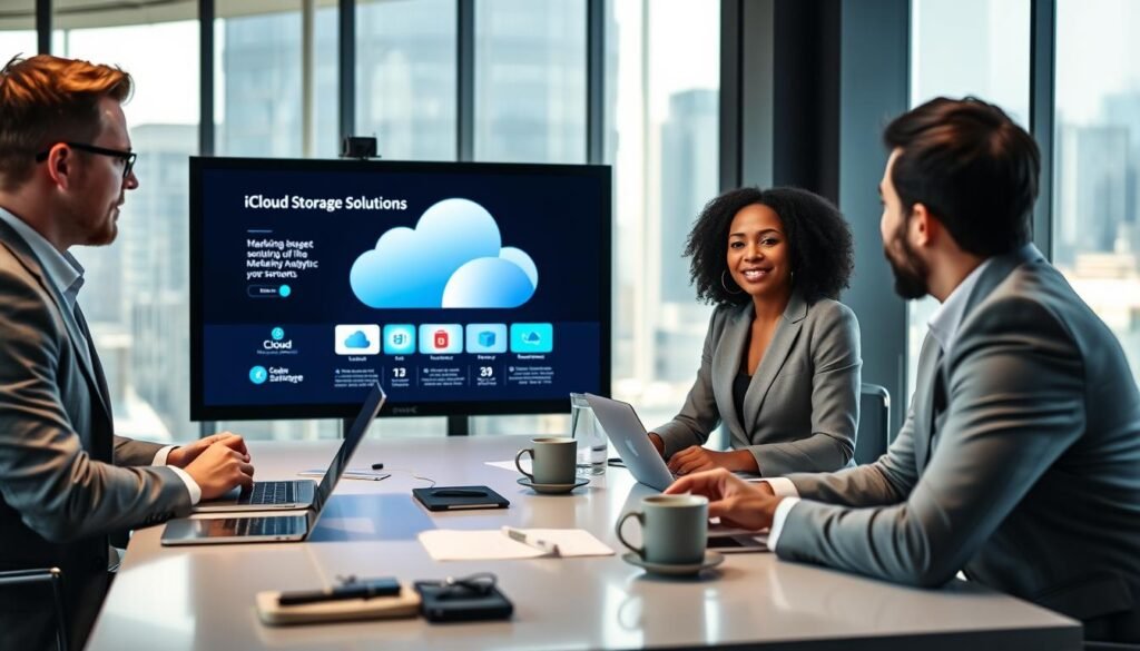 A modern office environment showcasing a diverse group of three professionals—two men and one woman—in smart business attire, engaged in a brainstorming session about iCloud storage marketing strategies. In the foreground, a large digital screen displays vibrant graphics of cloud storage solutions and marketing analytics. The middle ground features a sleek conference table with laptops, notes, and coffee cups, creating an atmosphere of collaboration. The background includes glass walls with views of a city skyline, accented by natural light pouring in. The scene is well-lit, highlighting the focused expressions of the professionals, conveying a sense of innovation and teamwork in the marketing field. The overall mood is dynamic and professional, with a sense of forward-thinking energy.
