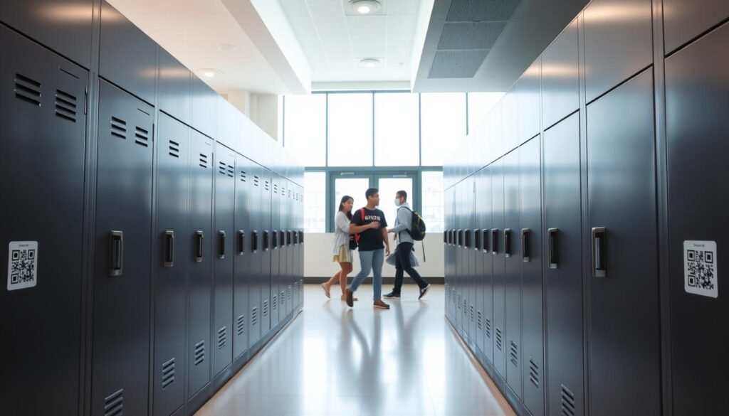 A modern, well-lit campus locker room. In the foreground, several sleek, rectangular lockers are arranged in neat rows, their metal surfaces gleaming under the soft, diffused lighting. Closer inspection reveals a QR code affixed to each locker door, hinting at the digital integration of this storage system. In the middle ground, students are casually accessing their lockers, their movements captured in a natural, candid manner. The background features the clean, minimalist architecture of the campus building, with large windows letting in ample natural light. The overall atmosphere conveys a sense of efficiency, organization, and technological integration, perfectly suited for the "BISNIS SEWA LOKER KAMPUS QR CODE" section of the article.