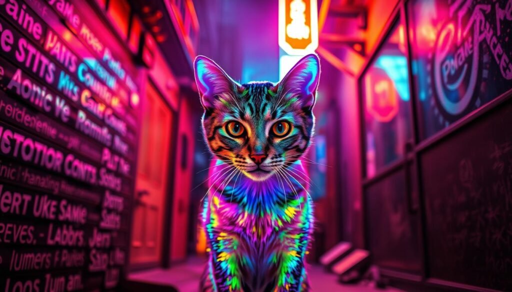 A neon-drenched alley at night, illuminated by vibrant lights that cast an ethereal glow. In the center, a captivating feline figure emerges, its fur shimmering with a kaleidoscopic sheen, as if sprayed with a mesmerizing neon paint. The cat's gaze is intense, almost hypnotic, capturing the viewer's attention. The background is a haze of urban decay, with gritty textures and architectural elements that add depth and character to the scene. The overall atmosphere is moody, atmospheric, and infused with a sense of avant-garde, back-alley aesthetics that evoke a creative, underground vibe.