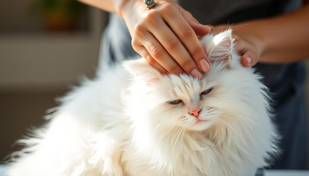 A person gently grooming a fluffy white cat, their hands carefully brushing the soft fur. The cat sits calmly, content in the soothing motions. Soft, natural lighting illuminates the scene, casting a warm glow. The background is blurred, keeping the focus on the intimate interaction between human and pet. The composition is balanced and serene, capturing the safe and ethical process of grooming in a visually appealing, photogenic manner.