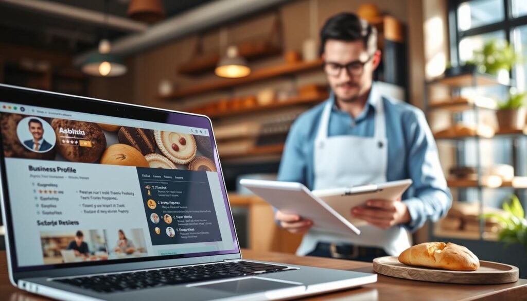 A professional and inviting office space representing a bakery business. In the foreground, a business profile on a laptop screen showcases key information like address, phone number, and customer reviews, brightened by natural light streaming through a window. In the middle ground, a business owner dressed in smart casual attire is actively engaged in updating the profile, with a clipboard and digital tablet nearby, emphasizing a proactive approach to business optimization. The background features a warm and cozy bakery ambiance with freshly baked goods displayed, hinting at the family-run nature of the establishment. The overall mood is optimistic and focused, suggesting growth and community engagement. The scene is captured with a slight depth of field for a professional, polished look.
