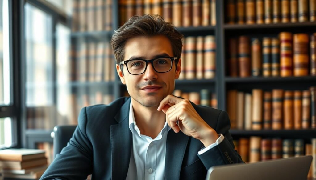 A professional-looking tutor sits at a desk, gazing thoughtfully at the camera. The lighting is soft and warm, illuminating their face and conveying a sense of expertise and approachability. The background features a bookshelf filled with well-worn volumes, suggesting an academic setting. The tutor's posture is upright, exuding confidence and competence. Their attire is smart casual, projecting a polished yet approachable image. The overall mood is one of quiet focus and intellectual engagement, capturing the essence of a skilled, experienced tutor ready to guide and support students.