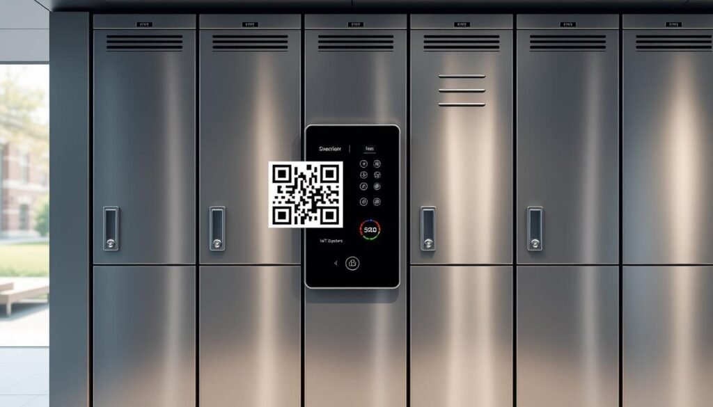 A secure campus locker system with sleek, modern design. The lockers are arranged in neat rows, their metallic surfaces gleaming under the soft, diffused lighting. A central touchscreen display showcases the QR code interface, allowing seamless access and monitoring. Discreet IoT sensors track occupancy and door status, ensuring maximum security and user convenience. The background features a blurred campus landscape, hinting at the practical integration of this locker system within the academic environment. The overall mood is one of technological sophistication, safety, and efficiency - reflecting the advantages of QR and IoT for storage solutions.