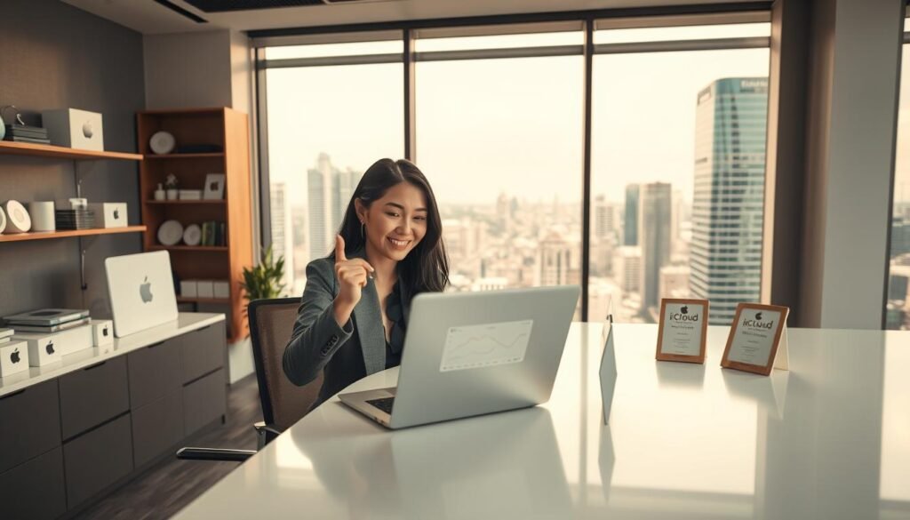 A successful iCloud reseller in Indonesia, depicted in a modern office setting. In the foreground, a professional woman in business attire is seated at a sleek desk, engaging with her laptop and displaying enthusiasm, showcasing a chart of increasing sales. In the middle ground, shelves filled with Apple products and awards for sales excellence emphasize her achievements. The background features a large window with a bustling cityscape, symbolizing opportunity and growth. Soft, natural lighting creates a warm atmosphere, enhancing the feeling of innovation and success. The camera angle is slightly above eye-level, providing an inspiring view of the subject's workspace, motivating viewers to pursue similar success in reselling Apple services.
