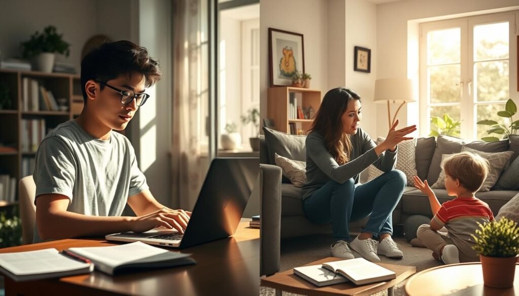 A sun-dappled home office, with a student sitting at a desk intently focused on a laptop, contrasting with a second scene of a private tutor gesturing animatedly while teaching a student in a cozy living room. Crisp, detailed lighting illuminates the distinct environments, emphasizing the juxtaposition between online and in-person learning experiences. Subtle visual cues like a textbook, notepad, and potted plant infuse each setting with a sense of academic productivity. The overall composition conveys a comparative narrative, inviting the viewer to consider the merits of both modes of private instruction.