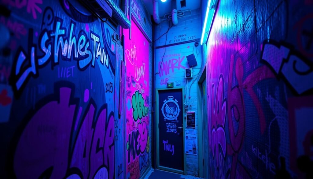 A vibrant color palette adorns the walls of a gritty back-alley in a futuristic content house. Neon lights cast an ethereal glow, illuminating the graffiti-covered surfaces with an array of vivid hues. Splashes of bold, saturated colors - pinks, blues, greens, and purples - blend together in a dynamic, urban aesthetic. The scene has a raw, edgy vibe, capturing the essence of the "Back-Alley Aesthetic" trend of 2025. A Sony Alpha camera with a wide-angle lens captures the scene, highlighting the dramatic lighting and the interplay of colors that define this innovative content creation space.