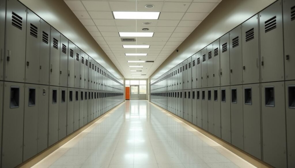 A well-lit, high-angle view of a university campus hallway, showcasing a strategic arrangement of sleek, modern lockers lining the walls. The lockers come in a variety of customizable sizes, allowing students to choose the perfect fit for their storage needs. The lockers are placed at convenient intervals, creating a visually appealing and organized layout that maximizes the available space. The camera angle highlights the accessibility and practicality of the locker placement, emphasizing the flexibility and thoughtful design that caters to the diverse requirements of the student population. The overall atmosphere is one of efficiency, convenience, and a touch of minimalist elegance, reflecting the technological advancements that enhance the daily campus experience.