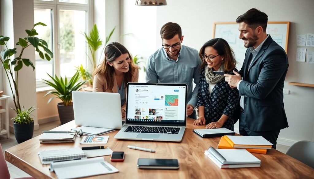A well-organized workspace showcasing the concepts of business profile management. In the foreground, a diverse group of three professionals—two men in smart business attire and one woman in modest casual clothing—are engaged in a lively discussion while examining a laptop screen displaying a Google Business Profile. In the middle, a large wooden table is filled with notebooks, a smartphone, and various marketing materials. The background features a bright, airy office environment with large windows letting in natural light, plants adding a touch of greenery, and a whiteboard with colorful notes and strategies written on it. The atmosphere is collaborative and dynamic, emphasizing productivity and teamwork in managing and updating business profiles. The image is illuminated with soft, warm lighting to convey a welcoming, professional mood.