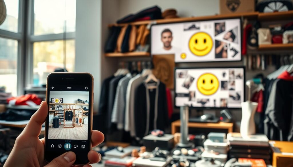 A cluttered online store display showcasing poorly taken product photos that illustrate common mistakes. In the foreground, highlight a smartphone displaying a low-quality image of a product, poorly lit with harsh shadows and a lack of detail. In the middle ground, include various product items displayed haphazardly, such as clothing, accessories, and gadgets, all with subpar lighting that diminishes their appeal. The background features a computer screen showing distorted images with a sad face emoji, representing customer disappointment. Use natural daylight streaming in from a window to create an overall atmosphere of frustration and missed opportunities. The overall mood should convey the message of inadequacy and the importance of good photography in online sales.