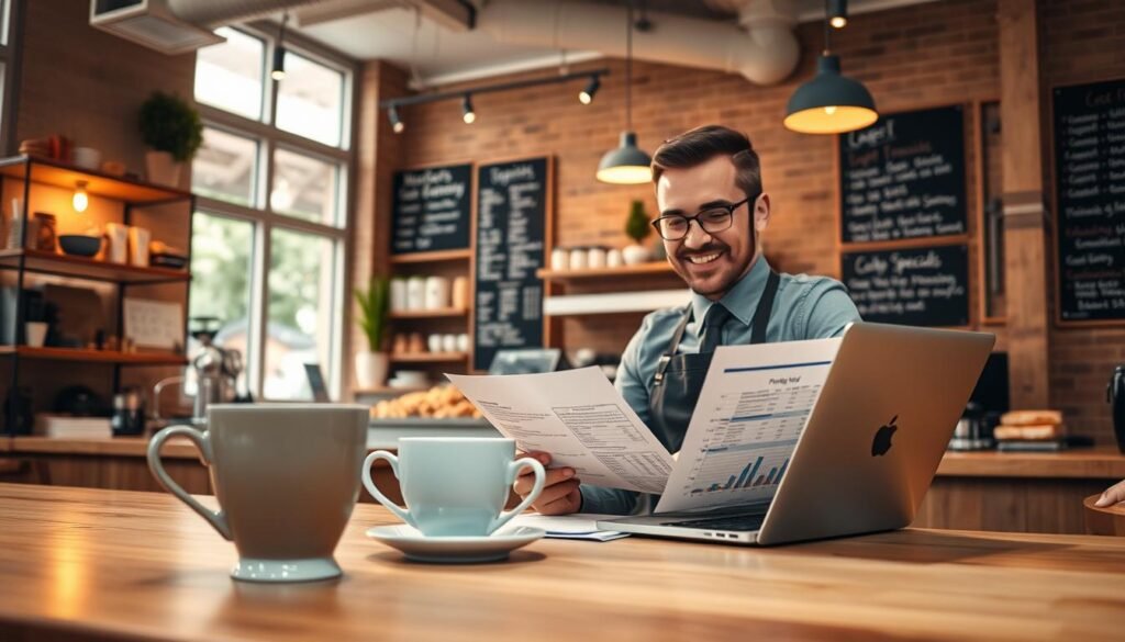 A cozy, modern coffee shop interior focused on budget management, featuring a friendly barista in professional attire analyzing financial reports at a wooden counter. In the foreground, a beautifully crafted coffee cup and a laptop displaying spreadsheets are visible. The middle ground showcases shelves filled with coffee beans and pastries, while a chalkboard menu highlights daily specials. In the background, large windows let in warm, natural light, illuminating the space and creating an inviting atmosphere. Soft, ambient lighting complements the scene, capturing a balance of professionalism and warmth, conveying a successful coffee shop managing its budget effectively. The overall mood is organized and inspiring, promoting a sense of financial control and operational efficiency.