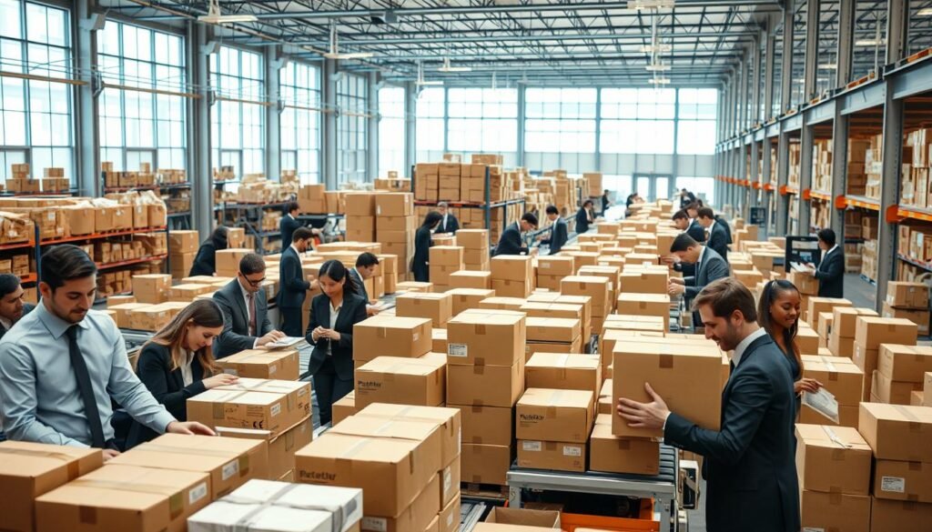 A modern fulfillment center filled with professionals in smart business attire, busy organizing packages for shipping. In the foreground, a diverse group of employees is seen working collaboratively, packing boxes with care. The middle layer features neatly stacked packages and advanced technology like conveyor belts and scanning equipment, illustrating efficiency in operations. The background showcases a bright and spacious warehouse with large windows letting in natural light, creating an uplifting atmosphere. The mood is energetic and focused, highlighting the advantages of a reliable fulfillment service. The scene is captured from a slightly elevated angle to emphasize the organized chaos of productive teamwork, with warm, inviting lighting emphasizing the sense of trust and reliability in fulfillment services.