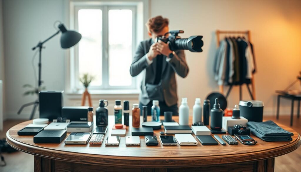 A professional product photography setup featuring an elegantly crafted wooden table in the foreground. On the table, showcase a carefully arranged assortment of various consumer products, including electronics, clothing, and accessories. Soft, diffused natural light filters in from a window behind, casting gentle shadows that highlight the products' textures. In the middle ground, a professional photographer adjusts a high-quality DSLR camera, using a 50mm lens to achieve a shallow depth of field, ensuring the focus remains on the products. The background is a softly blurred studio space, with neutral tones that do not distract from the main subject. The atmosphere conveys a sense of creativity and professionalism, ideal for elevating product presentation in e-commerce.