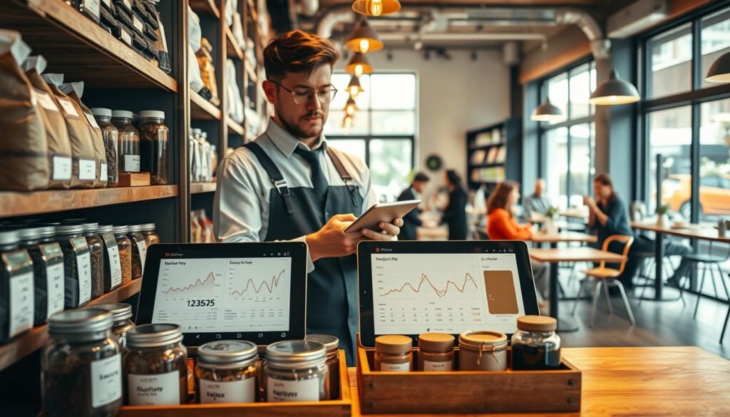 A well-organized coffee shop inventory management scene in a modern café setting, focusing on a coffee shop owner in professional attire, examining inventory in a neat and tidy storage area. In the foreground, display neatly stacked coffee bags, jars of spices, and labeled containers. In the middle ground, showcase a digital inventory tracking system on a tablet, with graphs and numbers displayed, emphasizing effective management. The background features a stylish coffee shop interior with customers enjoying their drinks, natural light streaming through large windows. Capture a vibrant yet calm atmosphere, using warm lighting to evoke a sense of productivity and efficiency, with a lens angle slightly elevated to provide an overview of the scene.