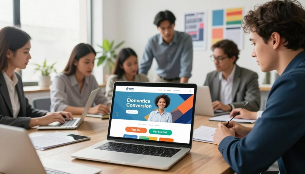 A captivating digital workspace scene that showcases an engaging website design that encourages visitor action. In the foreground, a stylized laptop displays a vibrant website interface with eye-catching buttons for calls to action, such as "Sign Up" and "Get Started," highlighted in contrasting colors. The middle ground features a diverse group of professionals in smart business attire, collaborating around a table, analyzing design elements and discussing content strategy. The background displays a bright, modern office environment with motivational posters and plants, enhancing the atmosphere. Natural lighting floods the space, creating a warm, productive vibe, while a wide-angle perspective gives a sense of inclusivity and teamwork in optimizing website conversion strategies. A captivating digital workspace scene that showcases an engaging website design that encourages visitor action. In the foreground, a stylized laptop displays a vibrant website interface with eye-catching buttons for calls to action, such as "Sign Up" and "Get Started," highlighted in contrasting colors. The middle ground features a diverse group of professionals in smart business attire, collaborating around a table, analyzing design elements and discussing content strategy. The background displays a bright, modern office environment with motivational posters and plants, enhancing the atmosphere. Natural lighting floods the space, creating a warm, productive vibe, while a wide-angle perspective gives a sense of inclusivity and teamwork in optimizing website conversion strategies.