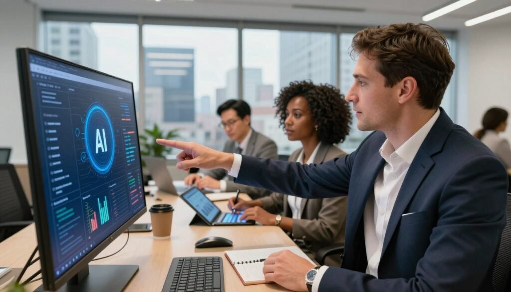 A professional office environment featuring a diverse group of business people engaged in a brainstorming session about artificial intelligence. In the foreground, a Caucasian man in a modern suit is enthusiastically pointing at a digital screen showcasing AI data analytics. Beside him, a Black woman in smart casual attire is taking notes on a tablet, while an Asian man in formal wear is analyzing charts. In the middle ground, a well-lit conference room with large windows offers a view of a bustling cityscape, symbolizing innovation and progress. The atmosphere is focused and collaborative, with warm lighting creating an inspiring mood. The image should be shot from a slightly elevated angle to capture the dynamic interactions. A professional office environment featuring a diverse group of business people engaged in a brainstorming session about artificial intelligence. In the foreground, a Caucasian man in a modern suit is enthusiastically pointing at a digital screen showcasing AI data analytics. Beside him, a Black woman in smart casual attire is taking notes on a tablet, while an Asian man in formal wear is analyzing charts. In the middle ground, a well-lit conference room with large windows offers a view of a bustling cityscape, symbolizing innovation and progress. The atmosphere is focused and collaborative, with warm lighting creating an inspiring mood. The image should be shot from a slightly elevated angle to capture the dynamic interactions.